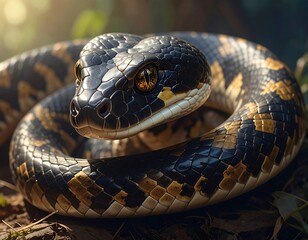 Fototapeta premium A coiled snake with black and gold scales