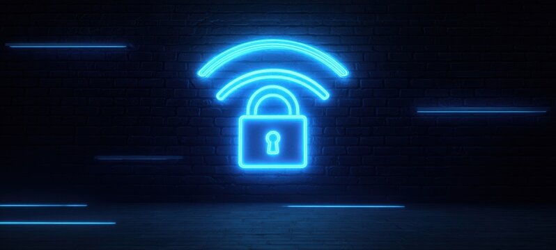The Padlock Icon in Blue Neon Illustrating Wireless Security and Digital Protection