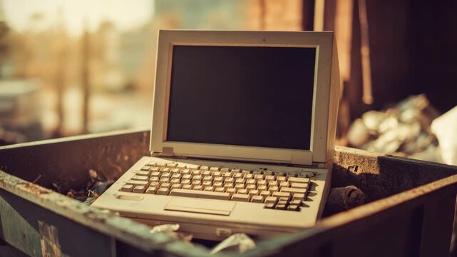Old laptop creating e-waste, sitting in a rusty dumpster