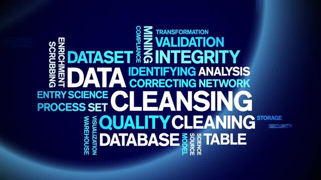 Data Cleansing animated word cloud-text design animation tag kinetic typography seamless loop.