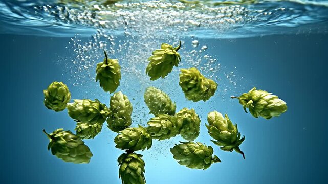 Light green hops cascade underwater, creating a lively bubble stream