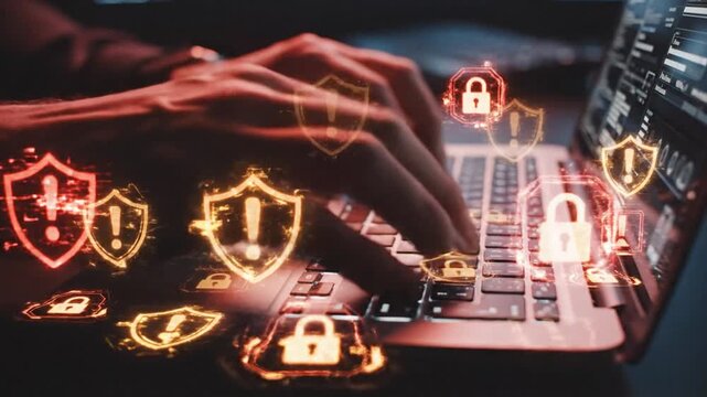Detailed Human Hands Typing on Modern Laptop Keyboard with Glowing Digital Warning Icons Representing Cybersecurity Threat Risk and Technical Network Alert Security Interface