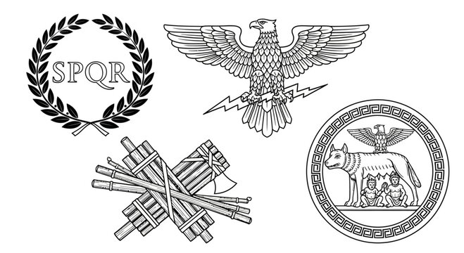 Ancient Roman Symbols: SPQR Laurel Wreath, Eagle, Fasces, and Capitoline Wolf