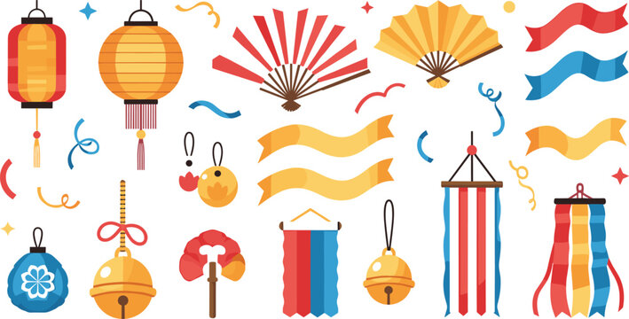 Japanese festival decoration vector set featuring lanterns fans bells banners ribbons and traditional matsuri celebration elements illustration