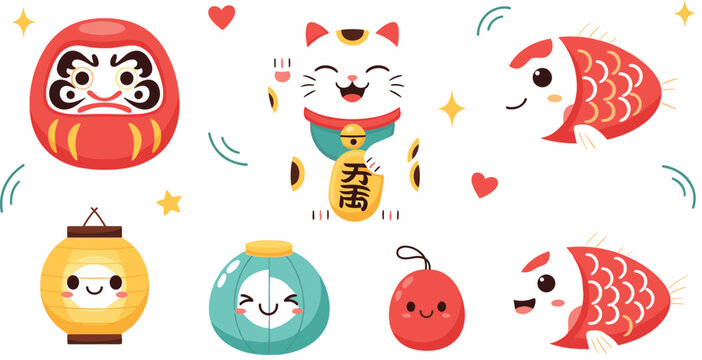Cute Japanese lucky symbols vector set featuring daruma maneki neko koi fish lantern and traditional good luck icons kawaii style