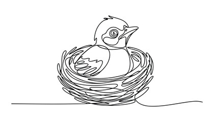 One continuous line illustration of an baby bird with nest , isolated on white background. © line