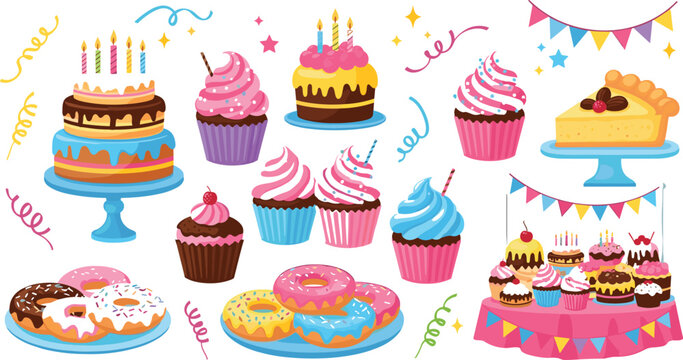 Colorful birthday desserts vector set featuring cupcakes cakes donuts and sweet party treats with festive decorations illustration