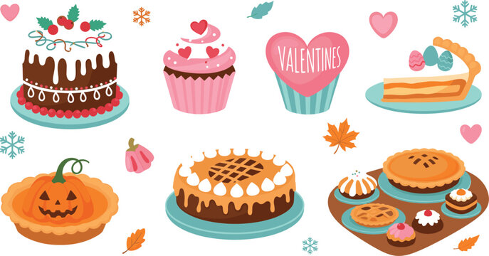 Seasonal holiday desserts vector set featuring valentine cupcake christmas cake thanksgiving pumpkin pie and festive sweet treats illustration