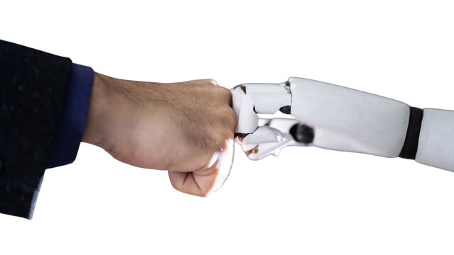 human businessman and robot fist bump collaboration concept