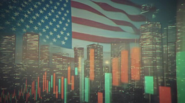 レトロ表示風の相場と米国旗の重なり