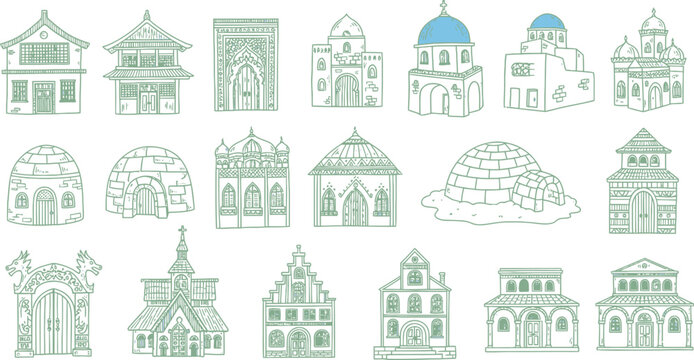 An artistic hand-drawn collection of diverse world architecture, featuring traditional houses and iconic buildings from various cultures and historical periods in a charming sketch doodle style.