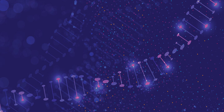 Abstract glowing DNA double helix with bokeh particles on dark blue background, genetics, biotechnology, molecular science and innovation concept