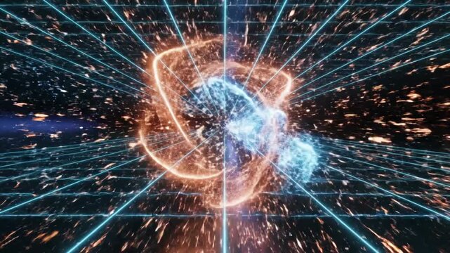 Abstract digital visualization of converging orange and blue light beam representing corporate organizational change management transition strategy and business vision alignment in dark space
