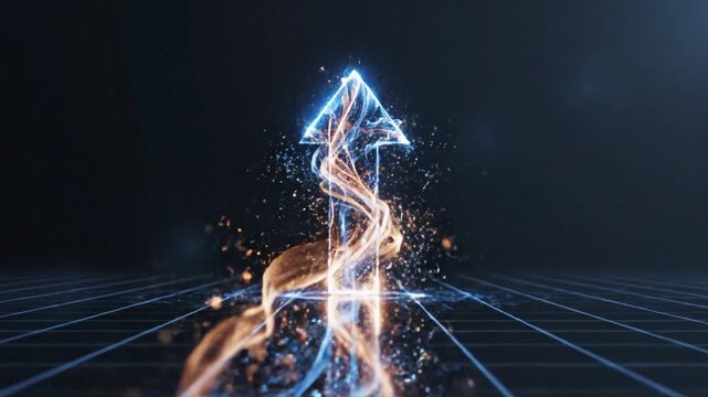 Abstract glowing blue and orange light beams forming a luminous upward arrow representing corporate leadership development strategic growth professional success and futuristic vision