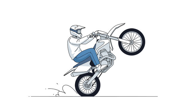 Skillful rider performing a daring wheelie stunt on a white dirt bike with dust kicking up from the rear wheel on a plain background.