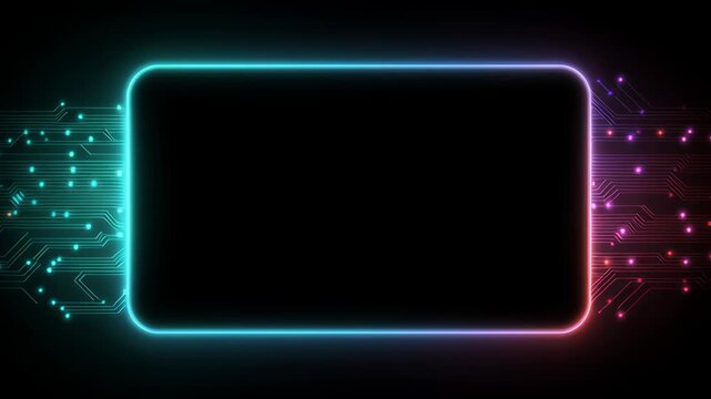 Digital icon neon communication information integration circuit board background computer processing abstract tech technology artificial intelligence modern video purple glowing frame rounded