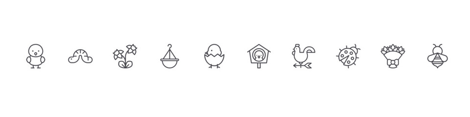 set of 10 thin line flat spring icons such as chick, worm, flower, hanging pot, chick, bird house, weather vane, ladybug, bouquet, bee. editable stroke vector illustration isolated on white © Hannah