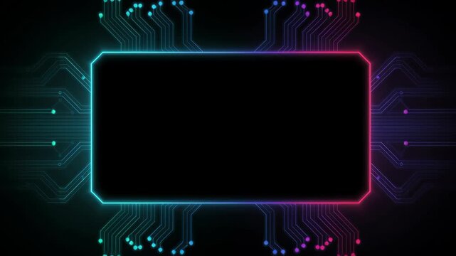 Digital icon neon communication information integration circuit board background computer processing abstract tech technology artificial intelligence modern video purple frame glowing with processing