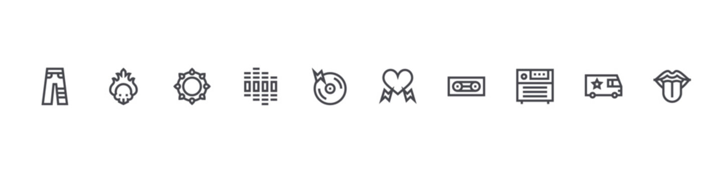 set of 10 thin line rock and roll icons such as trousers, fire, bracelet, equalizer, cd, heart, caste tape, amplifier, van, lip. editable stroke vector illustration isolated on white