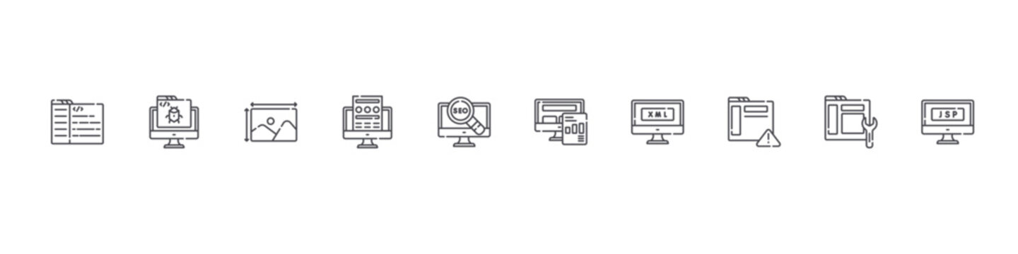 set of 10 thin line web development icons such as coding, bug, image, landing page, seo, report, xml, alert, maintenance, jsp. editable stroke vector illustration isolated on white
