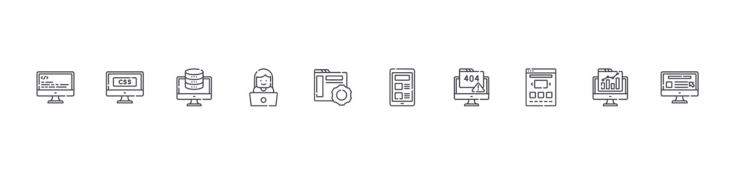 set of 10 thin line web development icons such as coding, css, database, developer, tings, web, error, portfolio, analytics, website. editable stroke vector illustration isolated on white