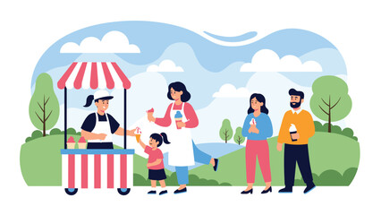 Fototapeta premium Happy family with a young child purchasing colorful ice cream cones from a street vendor at a park on a sunny day.