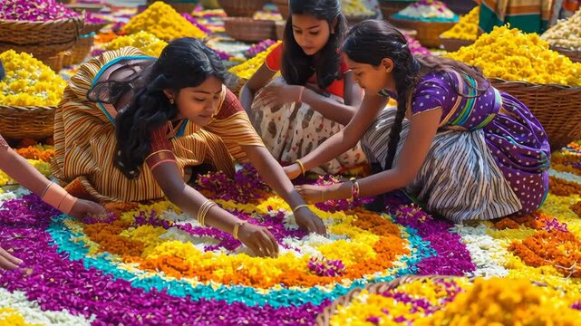 Three young Indian girls wearing traditional festive dresses joyfully arrange colorful flower petals to create a beautiful pookalam on the ground during the Onam festival. The intricate floral design 