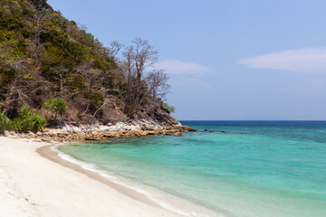 Fototapeta premium Koh Adang Beach pristine white sand and clear turquoise water. Lush green forest meets rocky coastline under blue sky. Tropical island landscape with calm sea and scenic natural beauty.