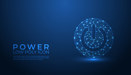 Futuristic low poly power button icon with glowing blue polygonal mesh and grainy dark background representing technology startup control energy and digital innovation design. © AlAhsan