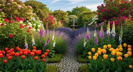 Obraz premium Vibrant garden path with colorful flowers and lush greenery.