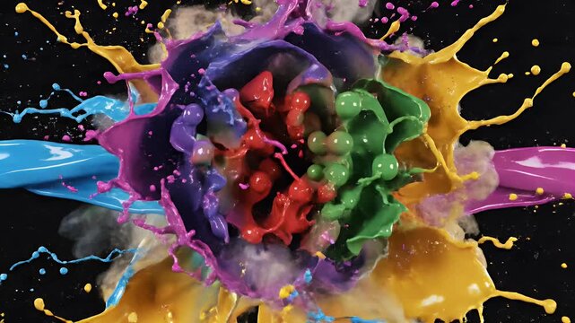 Vivid liquid splashes in blue, yellow, purple, and green explode outwards