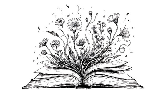 black and white illustration of an open book with flowers growing out