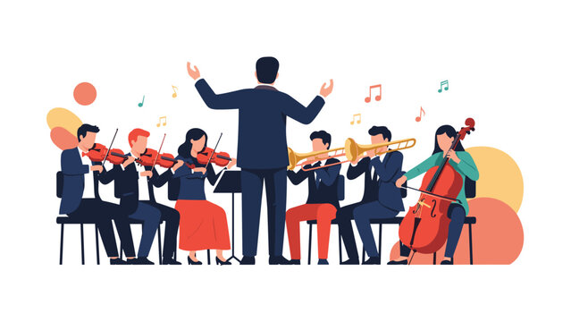 Professional orchestra with various musicians playing violins, trombones, and a cello performs under the direction of a conductor on stage.