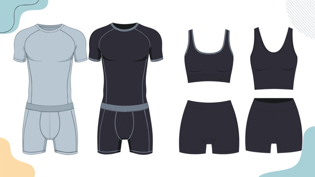 Collection of thermal underwear sets for men and women includes short-sleeved shirts and fitted shorts in light gray and dark black colors.