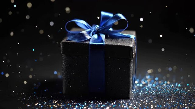 Gift box with blue ribbon sits on black background with shiny particles in the air during a festive celebration or occasion