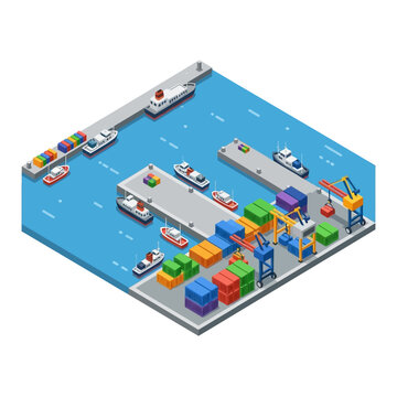 Isometric illustration of a busy port with ships, containers, cranes, and various activities.