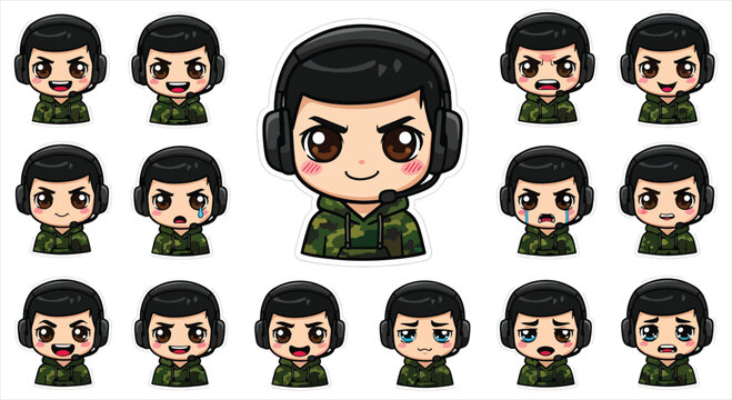 Cute Gamer Boy Character Emote Sticker Set, Cartoon Gaming Avatar Emoji Pack, Streaming Reaction Icons for Twitch Discord Vector