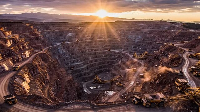 Dramatic aerial drone vista of massive Bingham Canyon copper mine pit at sunset featuring industrial excavation geology in Herriman Utah with golden hour illumination and scenic horizon.