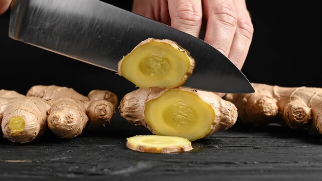Close up of Hands Slicing Fresh Ginger Root with Knife on Dark Wooden Background, Organic Ingredient for Cooking and Herbal Medicine