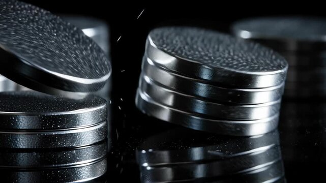 An extreme macro shot of polished silver neodymium magnets stacked in precise alignment, highlighting the smooth reflective metal surfaces and circular shapes. Dramatic low-key lighting creates deep 