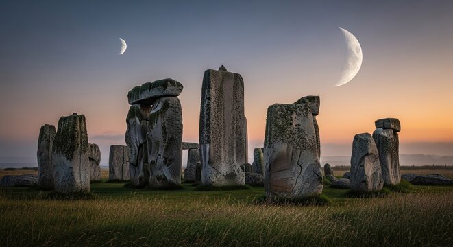 Ancient stone structures silhouetted against a twilight sky with crescent moon