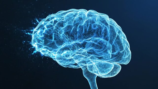 Digital human brain with glowing electrical impulses in an abstract dark blue space