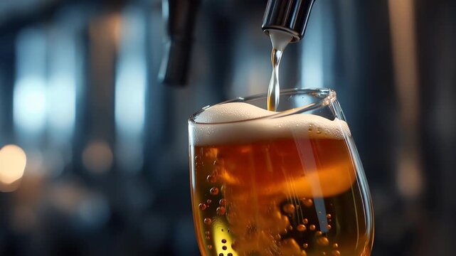Beer is poured into a glass creating bubbles and foam while sunlight shines on the surface in a bar setting
