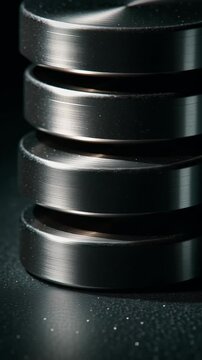 An extreme macro shot of polished silver neodymium magnets stacked in precise alignment, highlighting the smooth reflective metal surfaces and circular shapes. Dramatic low-key lighting creates deep 