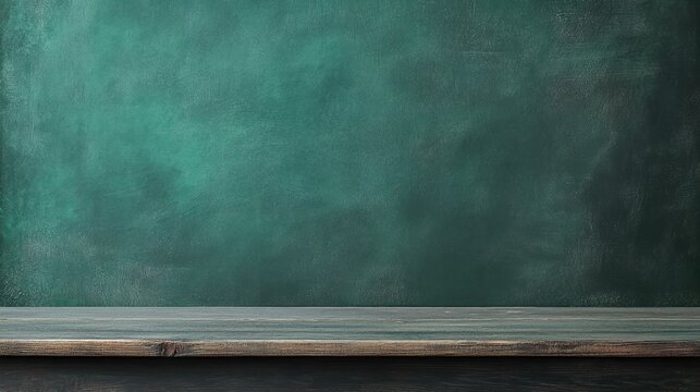 Teal chalkboard background, wooden table, classroom setting, copy space, education