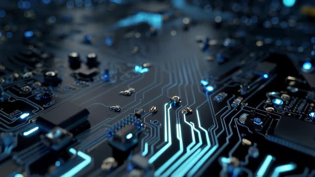 Futuristic circuit design shows blue and black connections in complex layout for advanced technology scenes