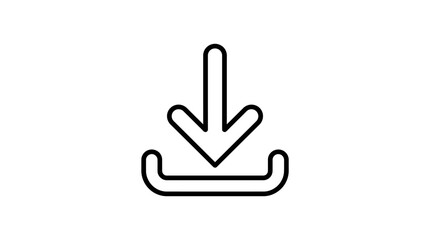 Obraz premium Minimalist download icon in black outline, downward arrow pointing into tray, simple design symbolizing file transfer, digital downloading, software, documents, and internet-based content access.