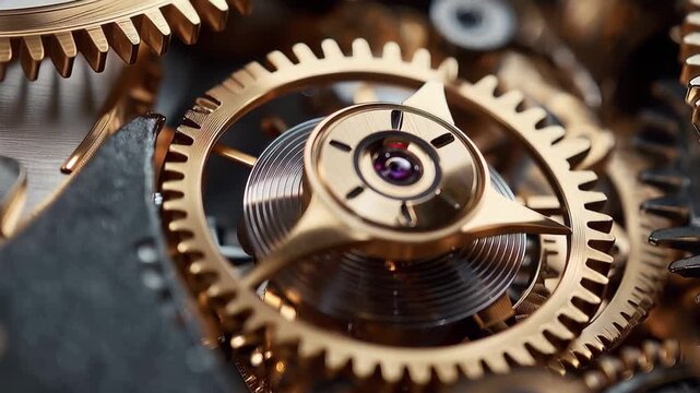 Rotating gears connect and turn smoothly together in a mechanical assembly showcasing intricate design and function details