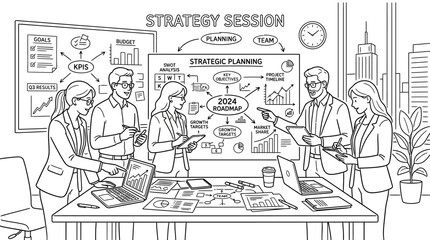 Corporate planning meeting with four professionals around a table, reviewing charts, laptops, documents, presenter highlighting strategy, goals, marketing, finance, productivity, operations, cityscape