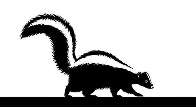 Black and White Silhouette of a Skunk Walking, Isolated on White Background